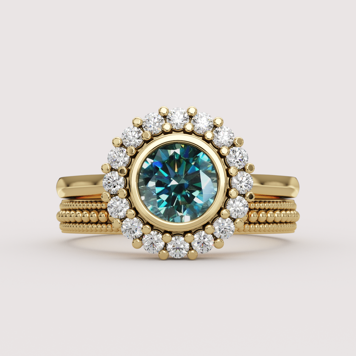 Maisie - Round Teal Moissanite Bezel Set Halo Made-to-Order Engagement Ring Engagement Rings - Made-to-Order