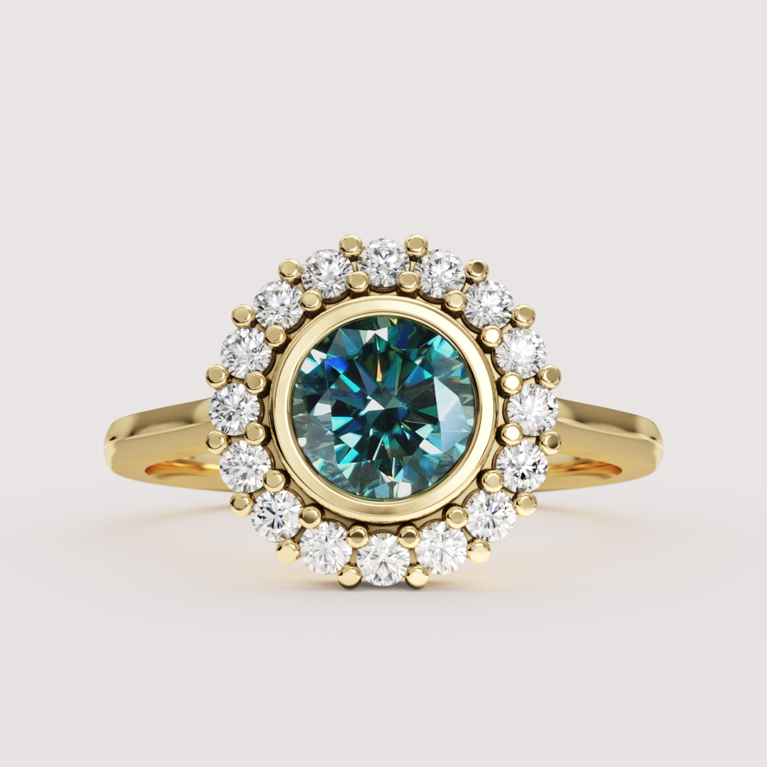 Maisie - Round Teal Moissanite Bezel Set Halo Made-to-Order Engagement Ring Engagement Rings - Made-to-Order
