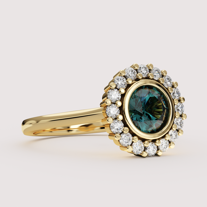 Maisie - Round Teal Moissanite Bezel Set Halo Made-to-Order Engagement Ring Engagement Rings - Made-to-Order