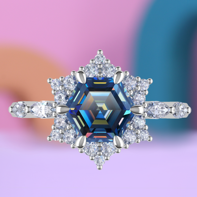 Daisy - The Taylor Collection - Hexagon Cut Blue Moissanite Cluster Halo Engagement Ring with Marquise Lab Grown Diamond Set Shoulders - Made-to-Order