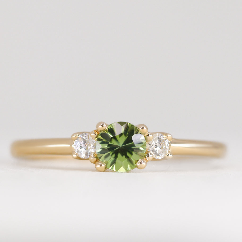 Millie - Round Optix Cut Green Tourmaline and Diamond Trilogy Made-to-Order Engagement Ring Engagement Rings - Made-to-Order