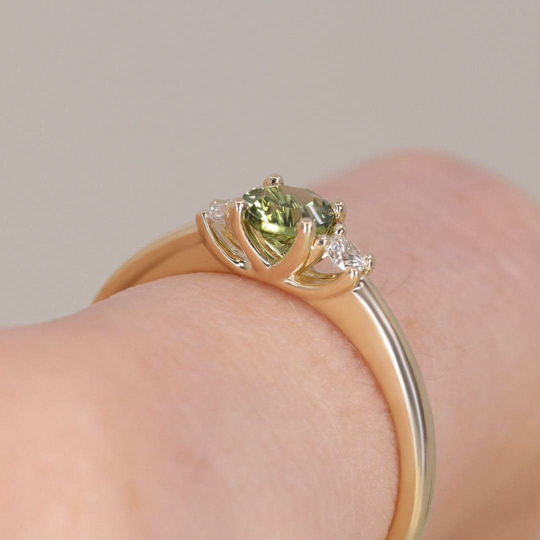 Millie - Round Optix Cut Green Tourmaline and Diamond Trilogy Made-to-Order Engagement Ring Engagement Rings - Made-to-Order