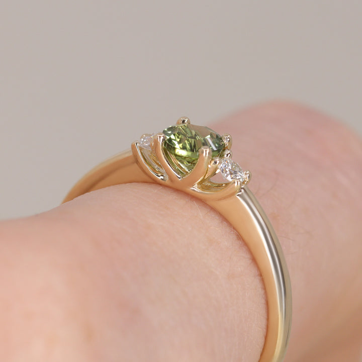 Millie - Round Optix Cut Green Tourmaline and Diamond Trilogy Made-to-Order Engagement Ring Engagement Rings - Made-to-Order