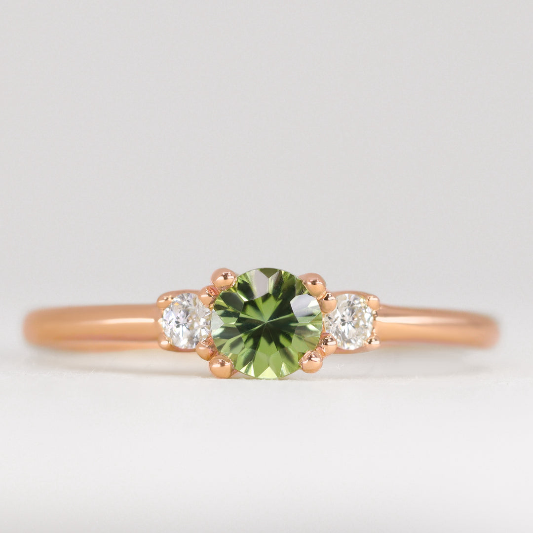 Millie - Round Optix Cut Green Tourmaline and Diamond Trilogy Made-to-Order Engagement Ring Engagement Rings - Made-to-Order