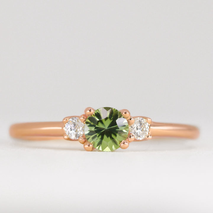 Millie - Round Optix Cut Green Tourmaline and Diamond Trilogy Made-to-Order Engagement Ring Engagement Rings - Made-to-Order