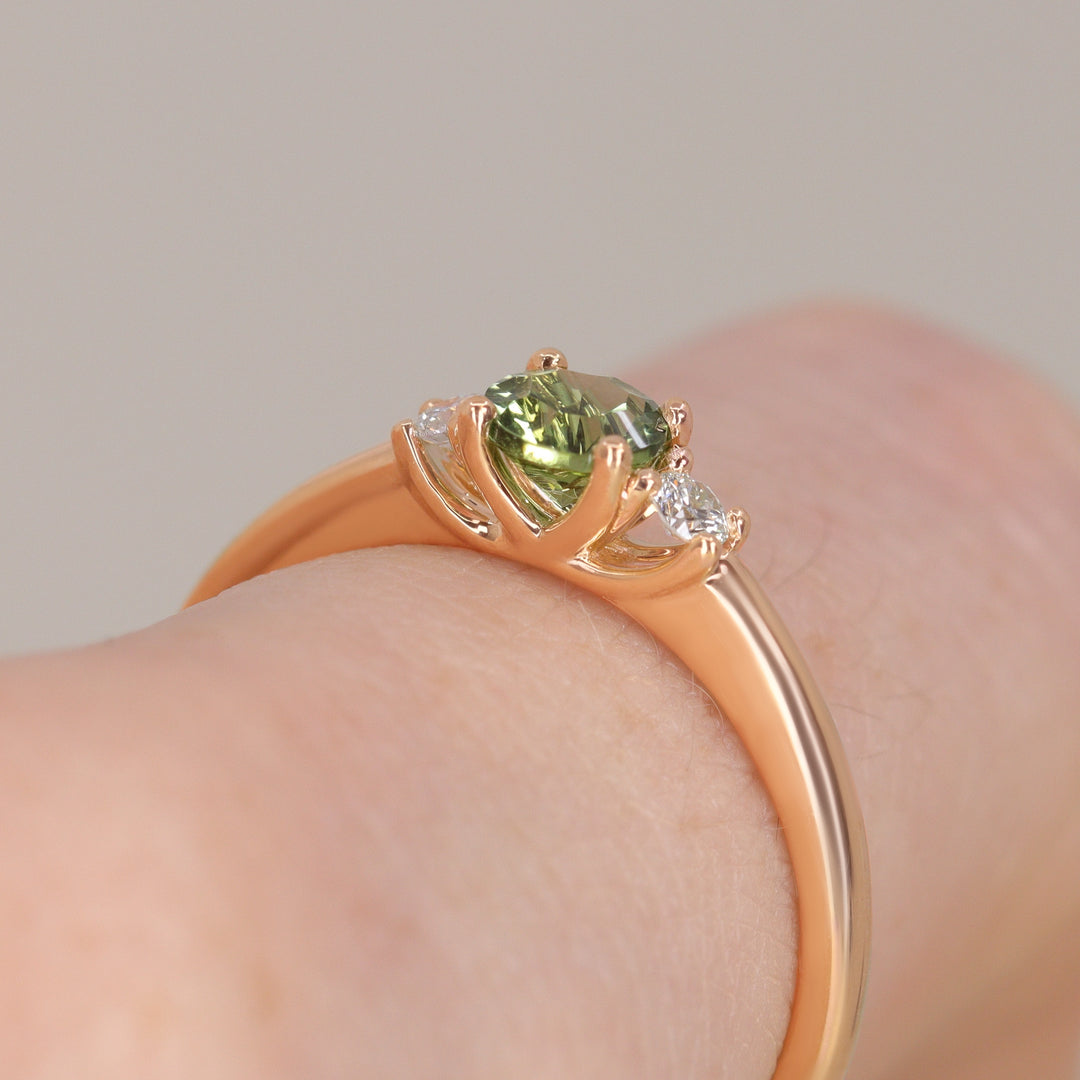 Millie - Round Optix Cut Green Tourmaline and Diamond Trilogy Made-to-Order Engagement Ring Engagement Rings - Made-to-Order