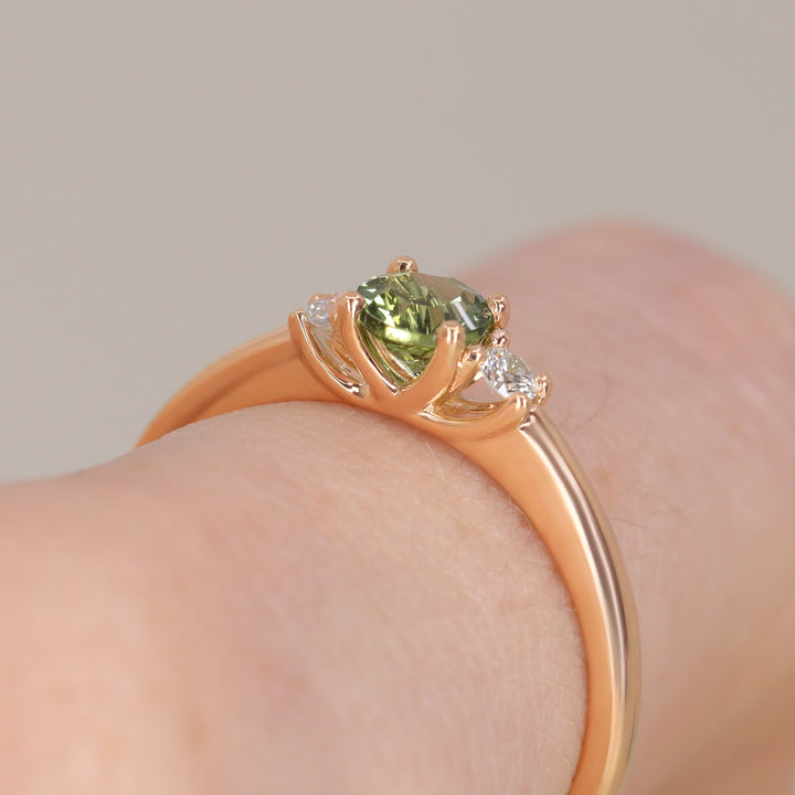 Millie - Round Optix Cut Green Tourmaline and Diamond Trilogy Made-to-Order Engagement Ring Engagement Rings - Made-to-Order
