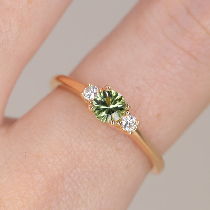 Millie - Round Optix Cut Green Tourmaline and Diamond Trilogy Made-to-Order Engagement Ring Engagement Rings - Made-to-Order