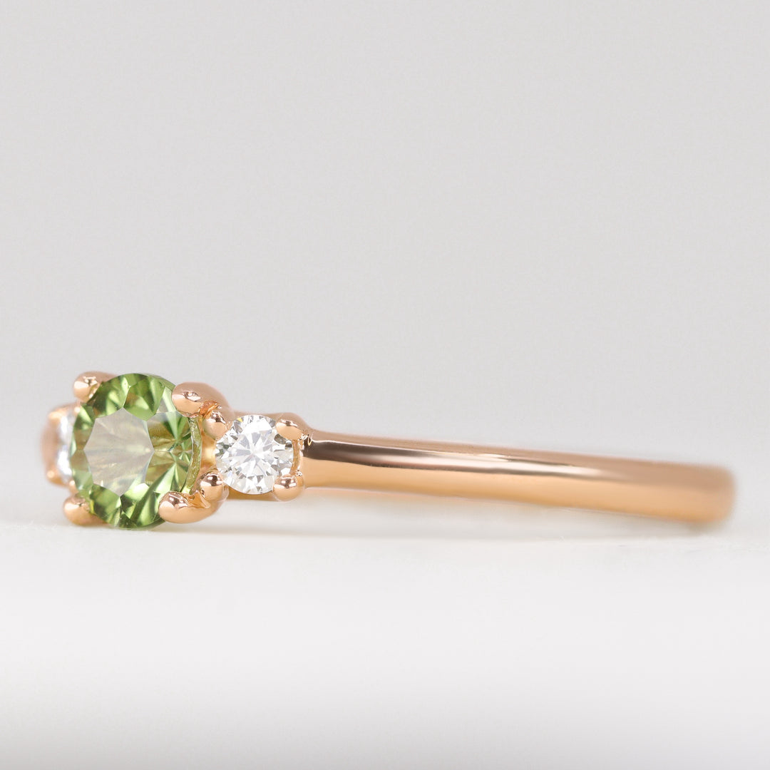 Millie - Round Optix Cut Green Tourmaline and Diamond Trilogy Made-to-Order Engagement Ring Engagement Rings - Made-to-Order