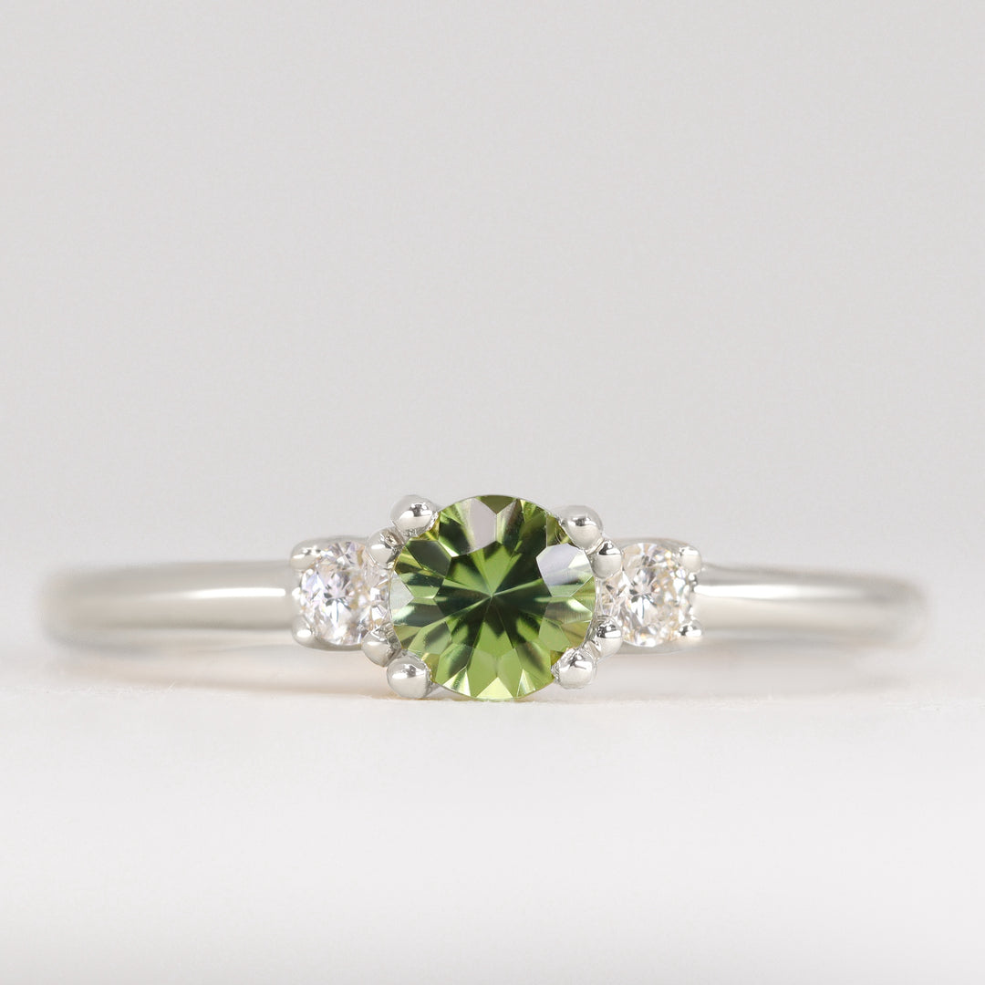 Millie - Round Optix Cut Green Tourmaline and Diamond Trilogy Made-to-Order Engagement Ring Engagement Rings - Made-to-Order