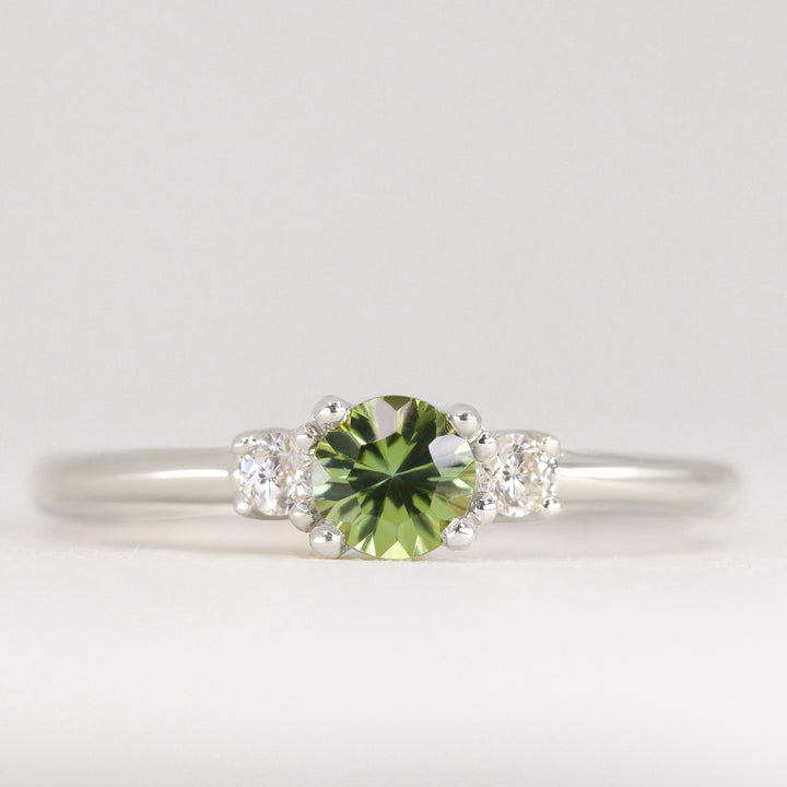Millie - Round Optix Cut Green Tourmaline and Diamond Trilogy Made-to-Order Engagement Ring Engagement Rings - Made-to-Order