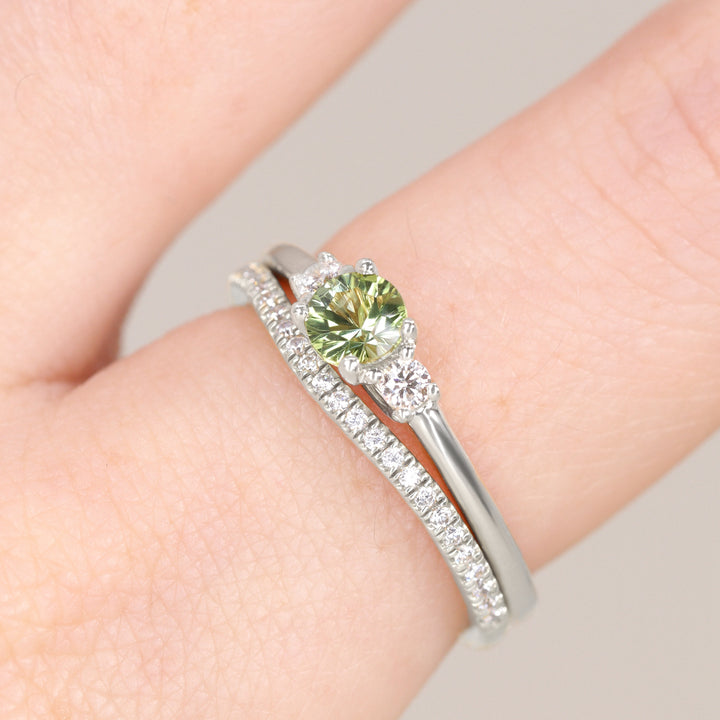 Millie - Round Optix Cut Green Tourmaline and Diamond Trilogy Made-to-Order Engagement Ring Engagement Rings - Made-to-Order