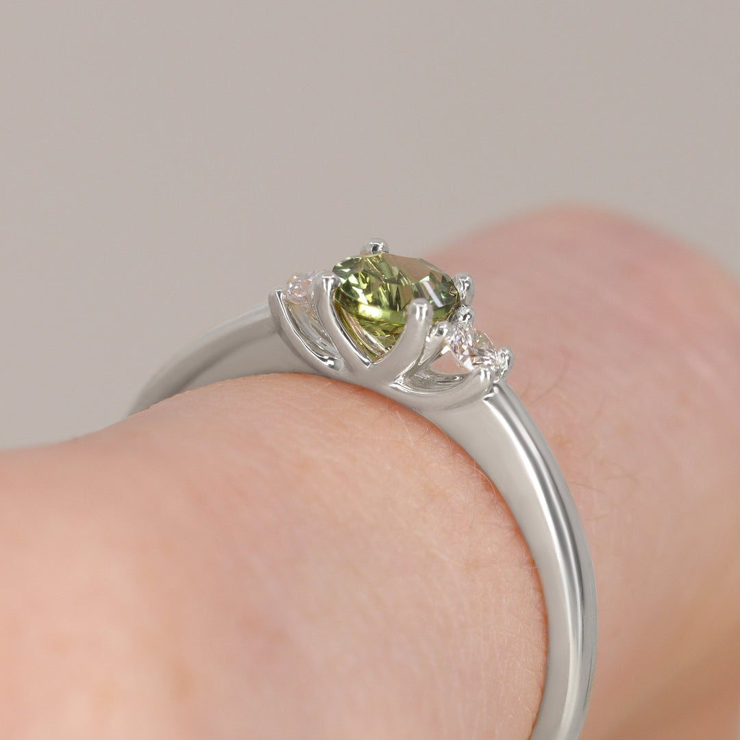 Millie - Round Optix Cut Green Tourmaline and Diamond Trilogy Made-to-Order Engagement Ring Engagement Rings - Made-to-Order