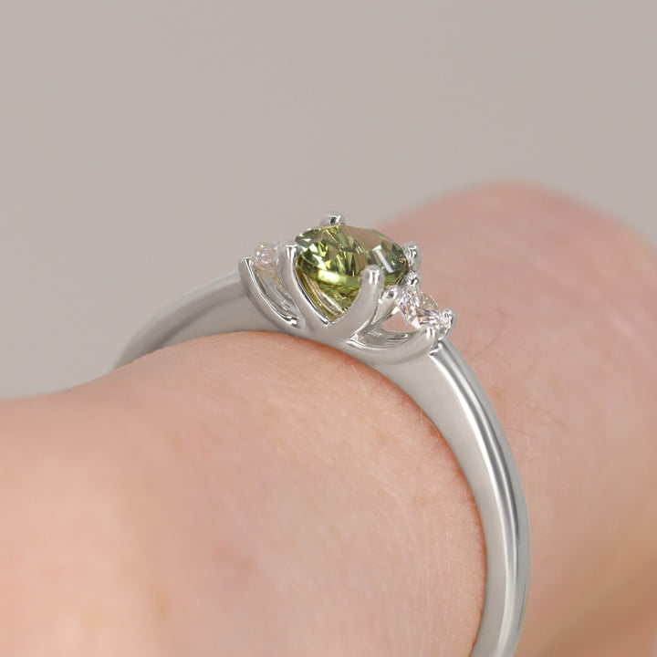 Millie - Round Optix Cut Green Tourmaline and Diamond Trilogy Made-to-Order Engagement Ring Engagement Rings - Made-to-Order