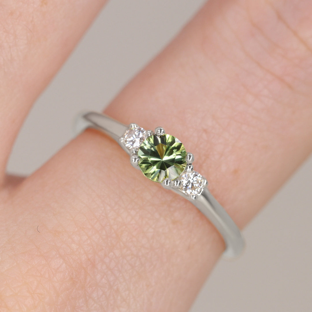 Millie - Round Optix Cut Green Tourmaline and Diamond Trilogy Made-to-Order Engagement Ring Engagement Rings - Made-to-Order