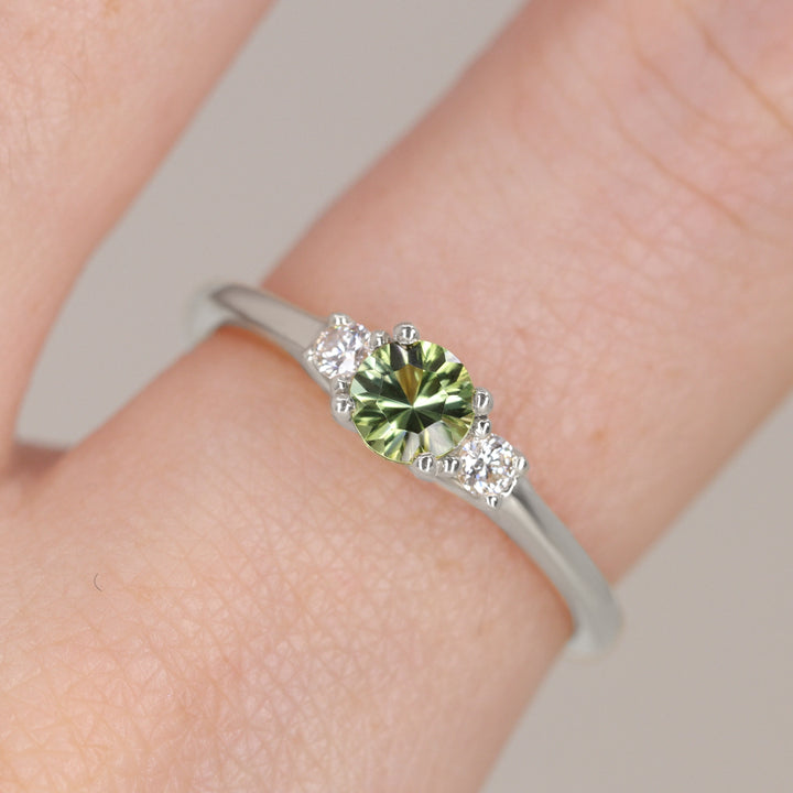 Millie - Round Optix Cut Green Tourmaline and Diamond Trilogy Made-to-Order Engagement Ring Engagement Rings - Made-to-Order