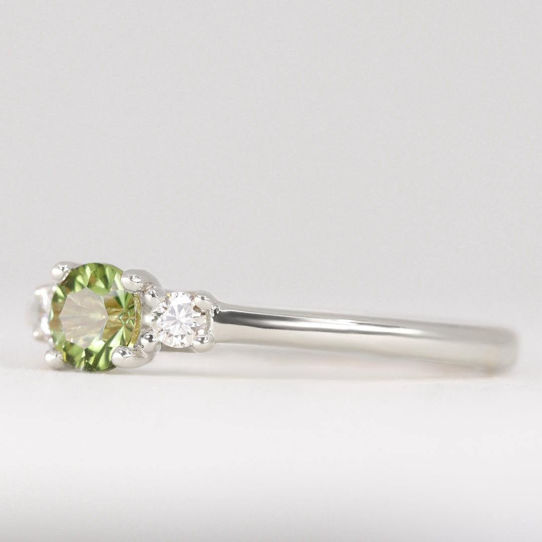 Millie - Round Optix Cut Green Tourmaline and Diamond Trilogy Made-to-Order Engagement Ring Engagement Rings - Made-to-Order