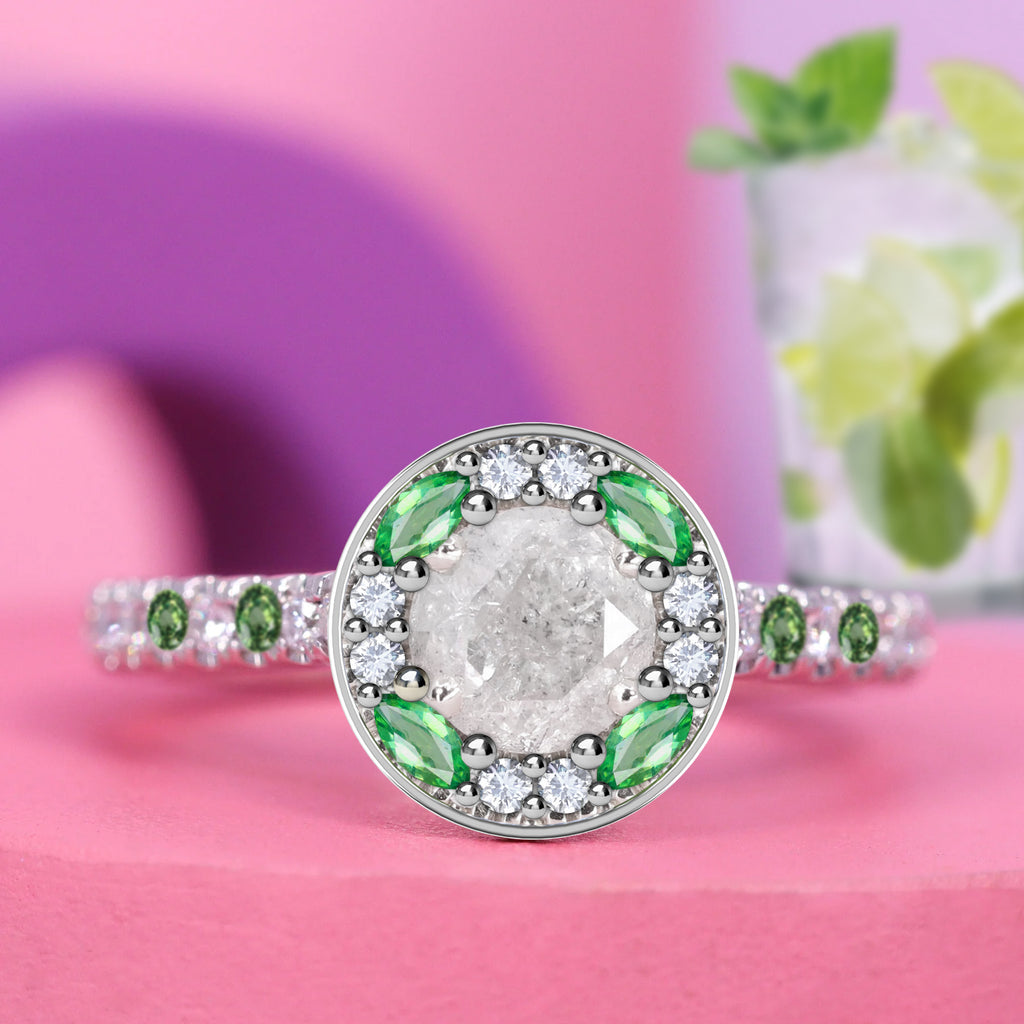 The Mixology Collection - Mojito - Round Brilliant Cut Salt & Pepper Diamond with Lab Grown Diamond and Green Marquise Tourmaline Halo and Green Sapphire Set Shoulders Exclusive Engagement Ring - Made-to-Order