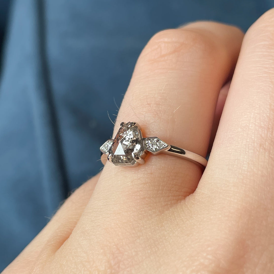 Morticia - Geometric Cut Salt & Pepper Diamond Gothic Art Deco Custom Engagement Ring Engagement Rings - Price On Application