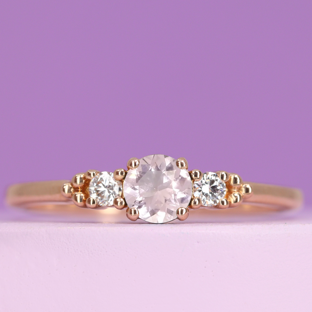 Natalia - Round Brilliant Cut Morganite and Diamond Delicate Trilogy Engagement Ring - Made-to-Order