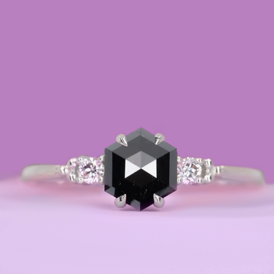 Natalia - Hexagon Shaped Black Diamond and Round Brilliant Cut White Diamond Delicate Trilogy Ring - Custom Made-to-Order Design
