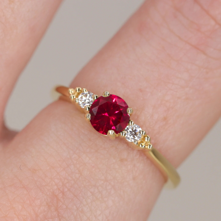 Natalia - Round Brilliant Cut Ruby and Diamond Trilogy Engagement Ring