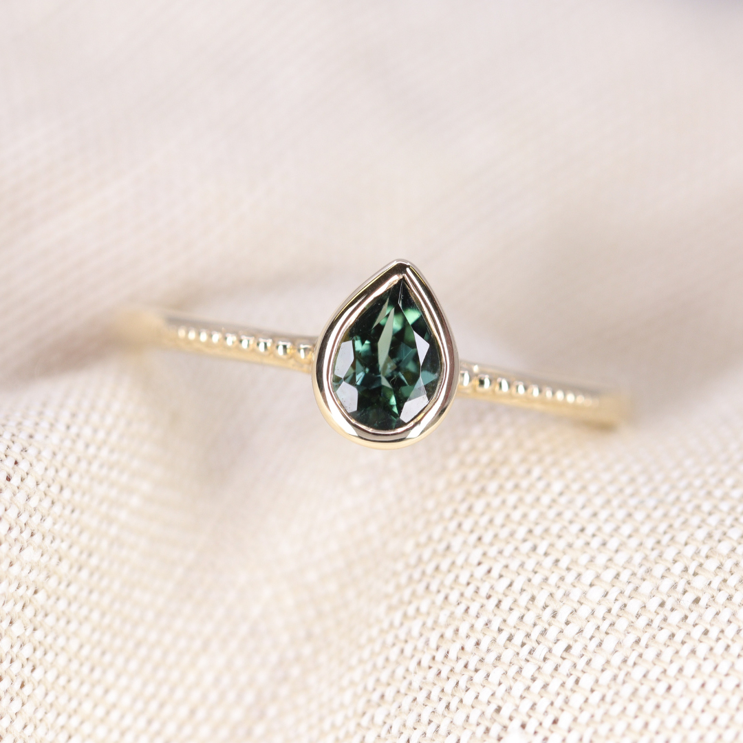Nina - Teal Tourmaline Art Deco Bezel Set Solitaire Engagement Ring - Ready-to-Wear Engagement Rings - Ready-to-Ship