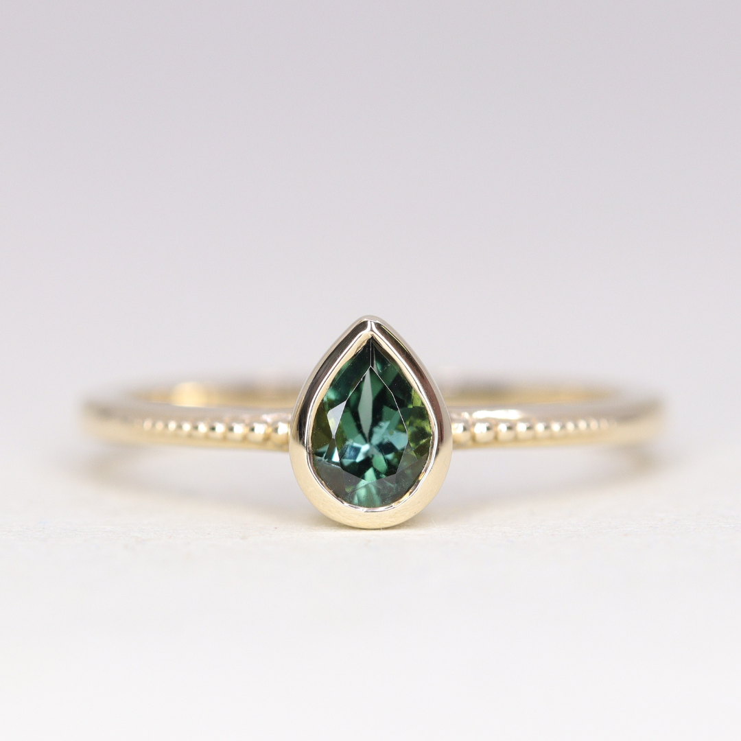 Nina - Teal Tourmaline Art Deco Bezel Set Solitaire Engagement Ring - Ready-to-Wear Engagement Rings - Ready-to-Ship