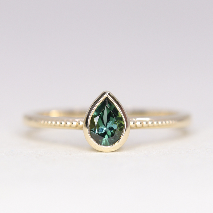 Nina - Teal Tourmaline Art Deco Bezel Set Solitaire Engagement Ring - Ready-to-Wear Engagement Rings - Ready-to-Ship