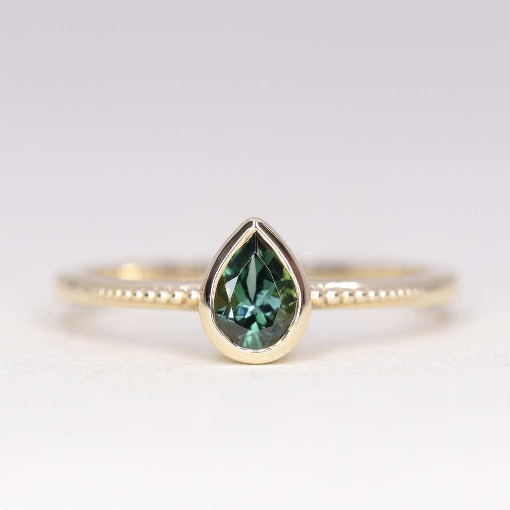 Nina - Teal Tourmaline Art Deco Bezel Set Solitaire Engagement Ring - Ready-to-Wear Engagement Rings - Ready-to-Ship