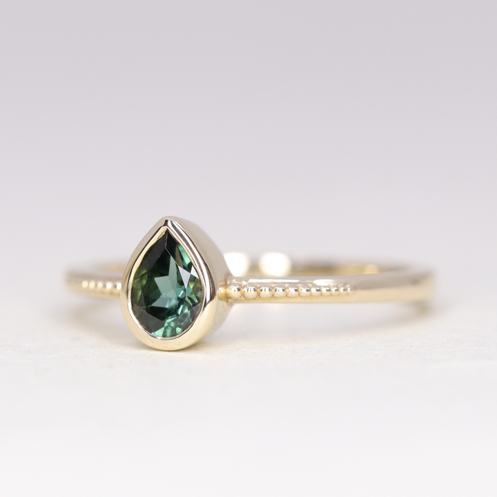 Nina - Teal Tourmaline Art Deco Bezel Set Solitaire Engagement Ring - Ready-to-Wear Engagement Rings - Ready-to-Ship