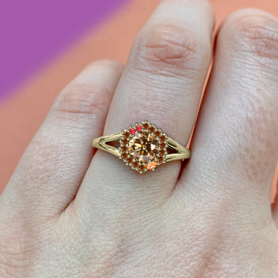 The Mixology Collection - Old Fashioned - Round Brilliant Cut Cognac Diamond with Marquise Cut Orange Sapphire, Round Brilliant Cut Ruby and Cognac Diamond Halo Exclusive Engagement Ring - Made-to-Order