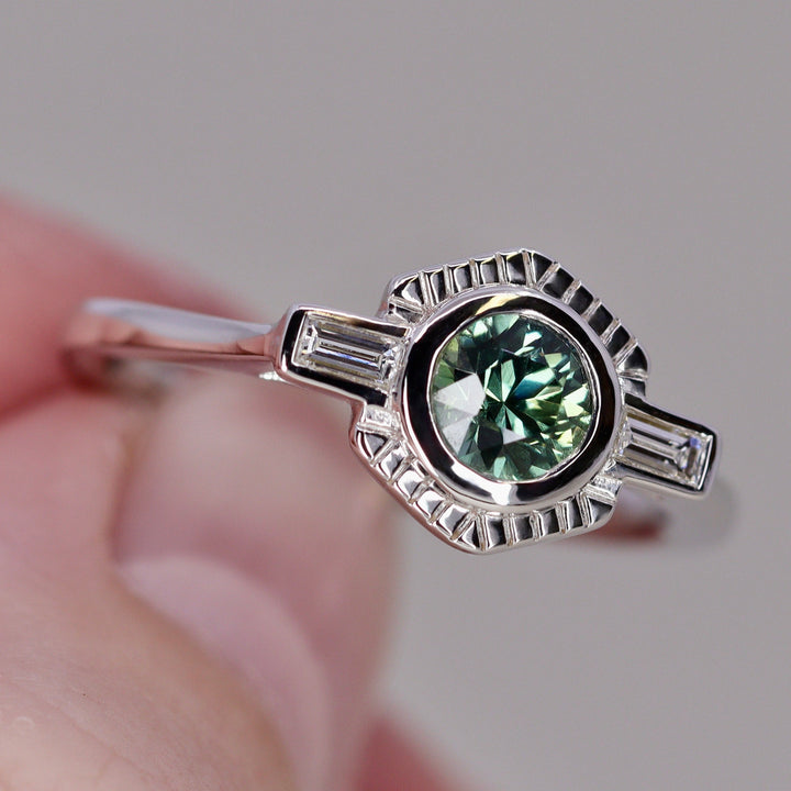 Olivia - Teal Sapphire Art Deco Halo Ring - Ready-to-Wear Engagement Rings - Ready-to-Ship