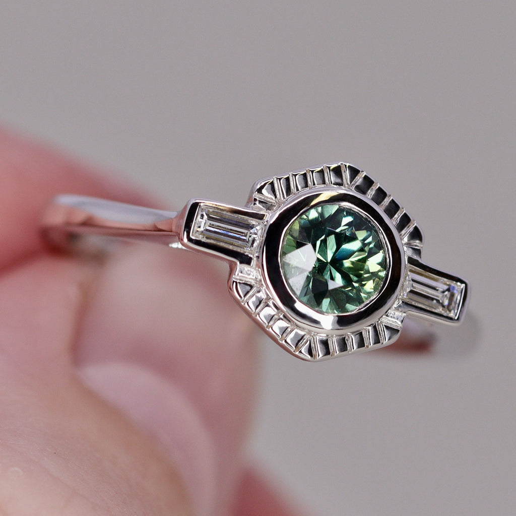 Olivia - Teal Sapphire Art Deco Halo Ring - Ready-to-Wear Engagement Rings - Ready-to-Ship