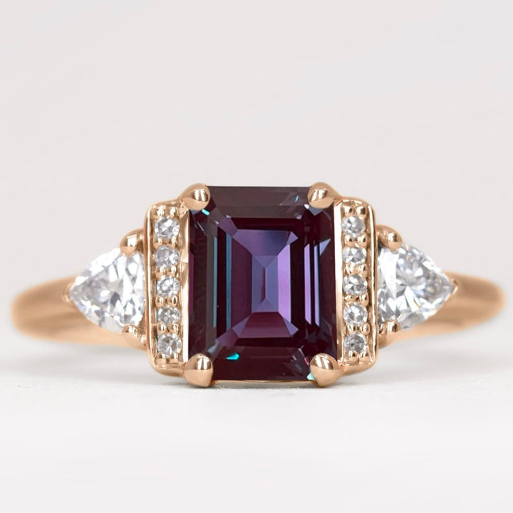 Ophelia - Emerald Cut Lab-Grown Alexandrite and Diamond Art Deco Style Engagement Ring - Made-to-Order