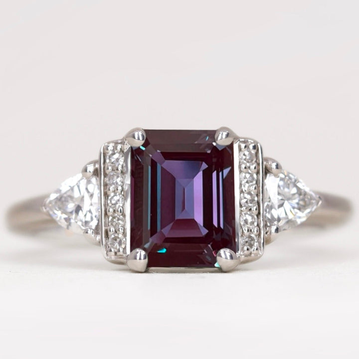 Ophelia - Emerald Cut Lab-Grown Alexandrite and Diamond Art Deco Style Engagement Ring - Made-to-Order