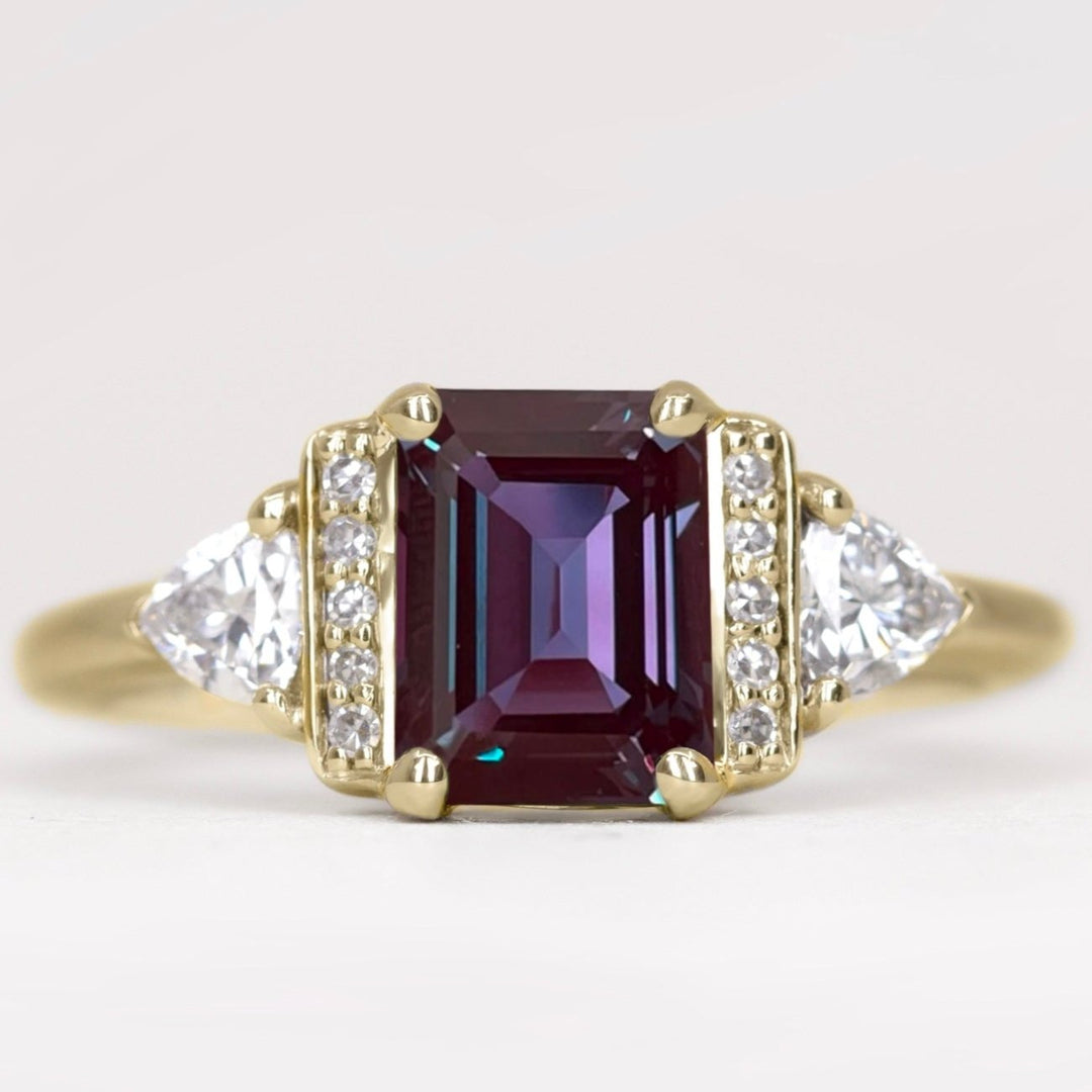 Ophelia - Emerald Cut Lab-Grown Alexandrite and Diamond Art Deco Style Engagement Ring - Made-to-Order