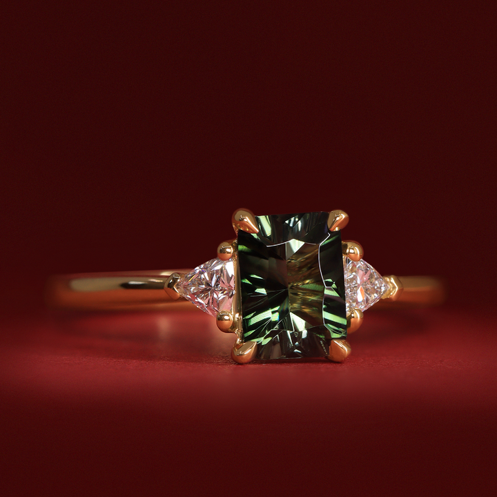 Delphine - Optix Emerald Cut Green Tourmaline Trilogy Engagement Ring - Ready-to-Wear Engagement Rings - Ready-to-Ship