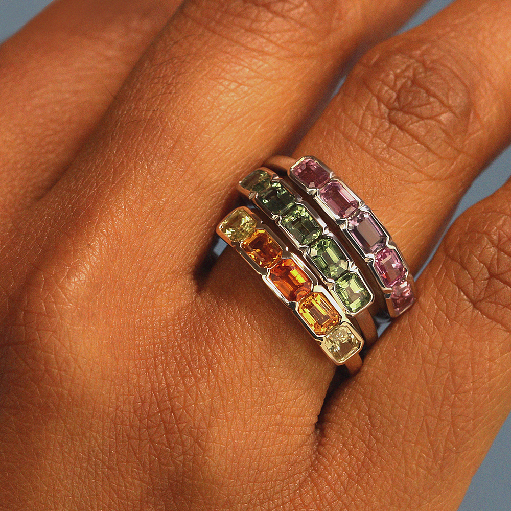 Clementine - Emerald Cut Orange and Yellow Sapphire 5 Stone Yellow Gold Ring - Ready-to-Wear Wedding Rings - Ready-to-Ship