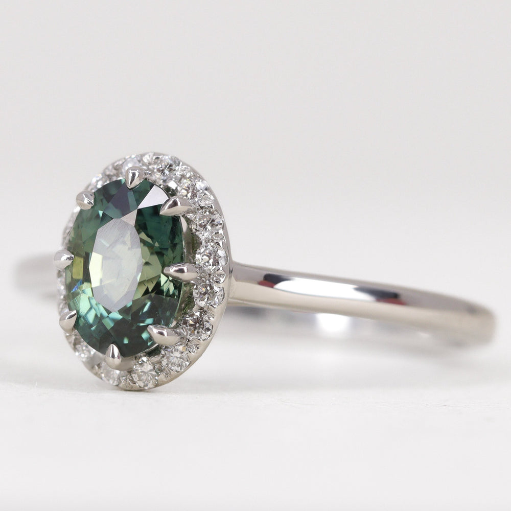 Charlotte - Oval Cut Green Teal Sapphire Hugging Halo Engagement Ring Engagement Rings - Price On Application