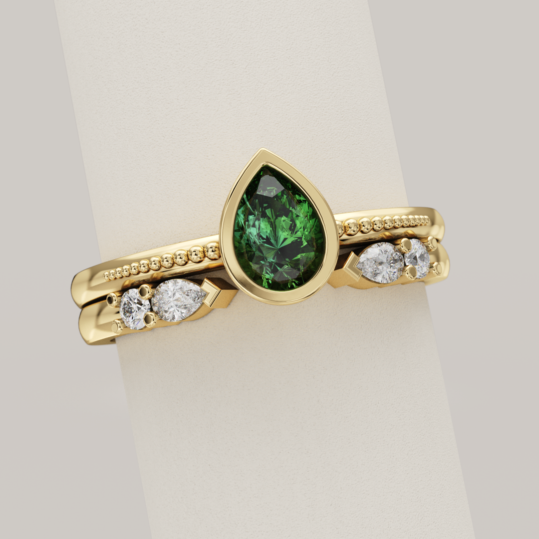 Paige - Pear &amp; Round Lab Grown Diamond Open Cuff Stacking Wedding Ring - Made-to-Order