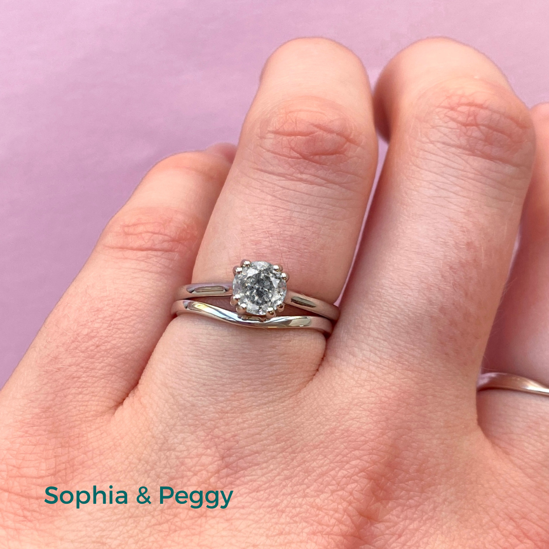 Sophia & Peggy or Clara - Bridal Set - Salt And Pepper Diamond Solitaire Ring with Waved or Wishbone Wedding Ring - Made-to-Order