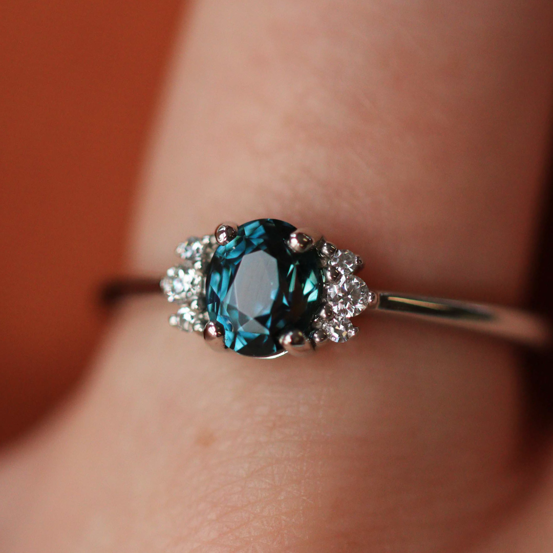 Persie - Oval Teal Sapphire and Diamond Cluster Engagement Ring