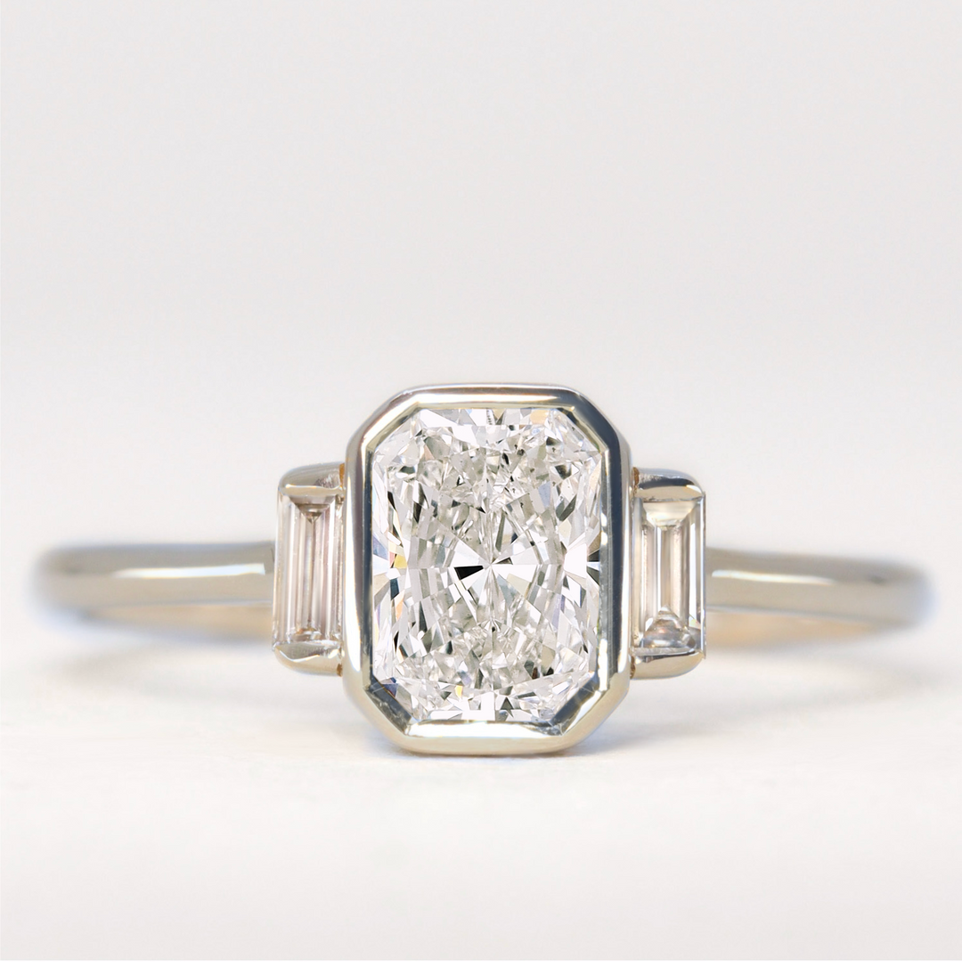 Phoebe - Radiant Cut Lab Grown Diamond Bezel Set Art Deco Trilogy Engagement Ring