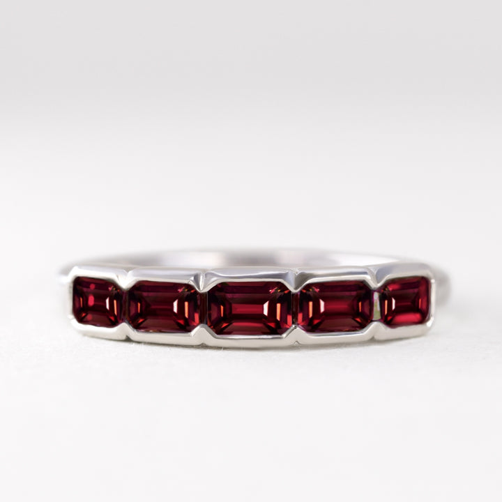 Poppy - Emerald Cut Garnet 5 Stone Eternity Dress Ring
