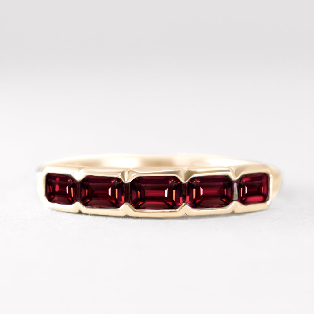 Poppy - Emerald Cut Garnet 5 Stone Eternity Dress Ring Wedding Rings - Made-to-Order