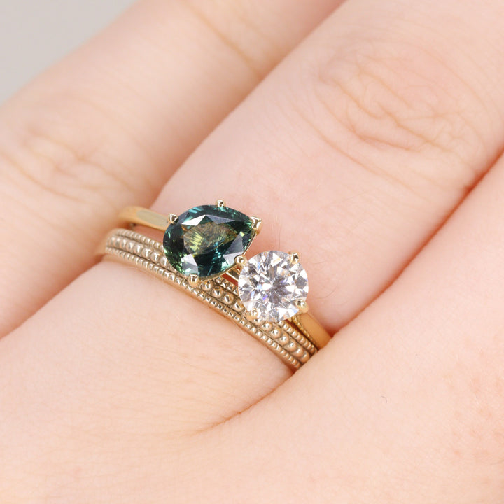 Juno - Pear Teal Sapphire and Round Lab Grown Diamond Toi et Moi Engagement Ring - Ready-to-Wear