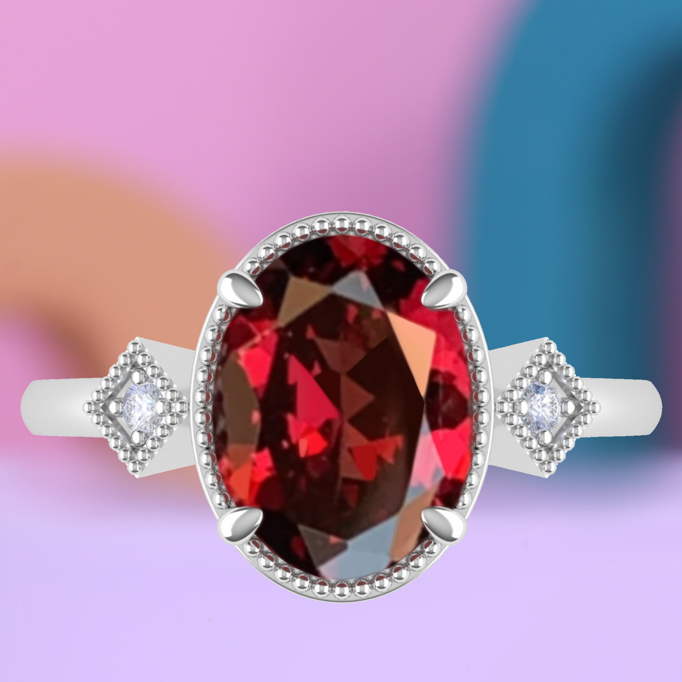 Autumn - The Taylor Collection - Oval Cut Red Garnet and Lab Grown Diamond Side Stones Ring - Made-to-Order