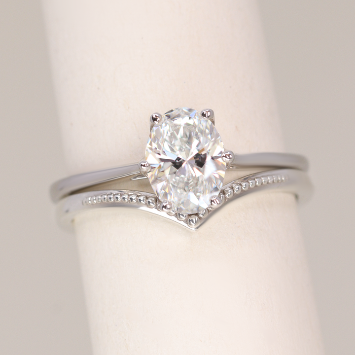 Bridal Set - Raine & Hadley - Oval Cut Lab Grown Diamond Solitaire Engagement Ring and Wishbone Vintage Style Wedding Ring