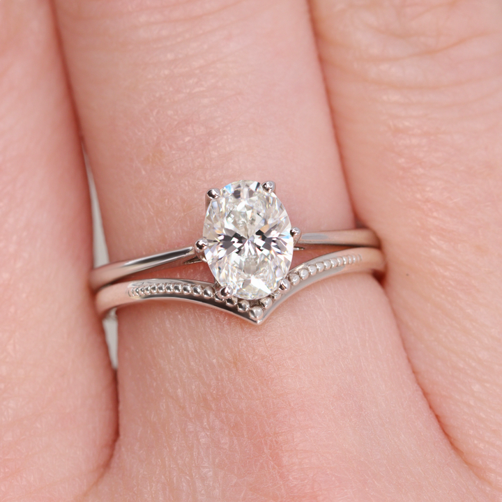 Bridal Set - Raine & Hadley - Oval Cut Lab Grown Diamond Solitaire Engagement Ring and Wishbone Vintage Style Wedding Ring